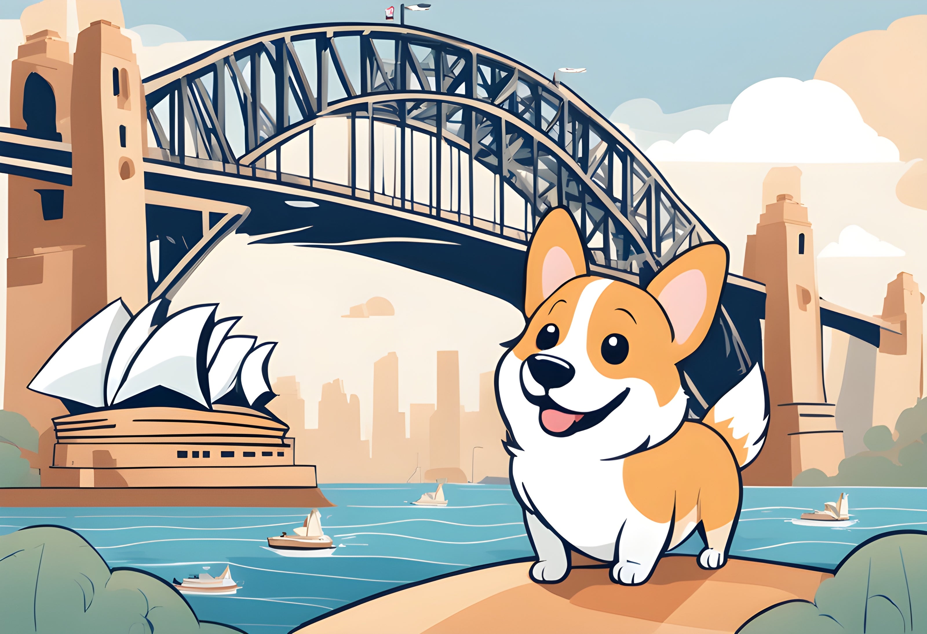 corgi in front of Sydney harbour bridge and opera house